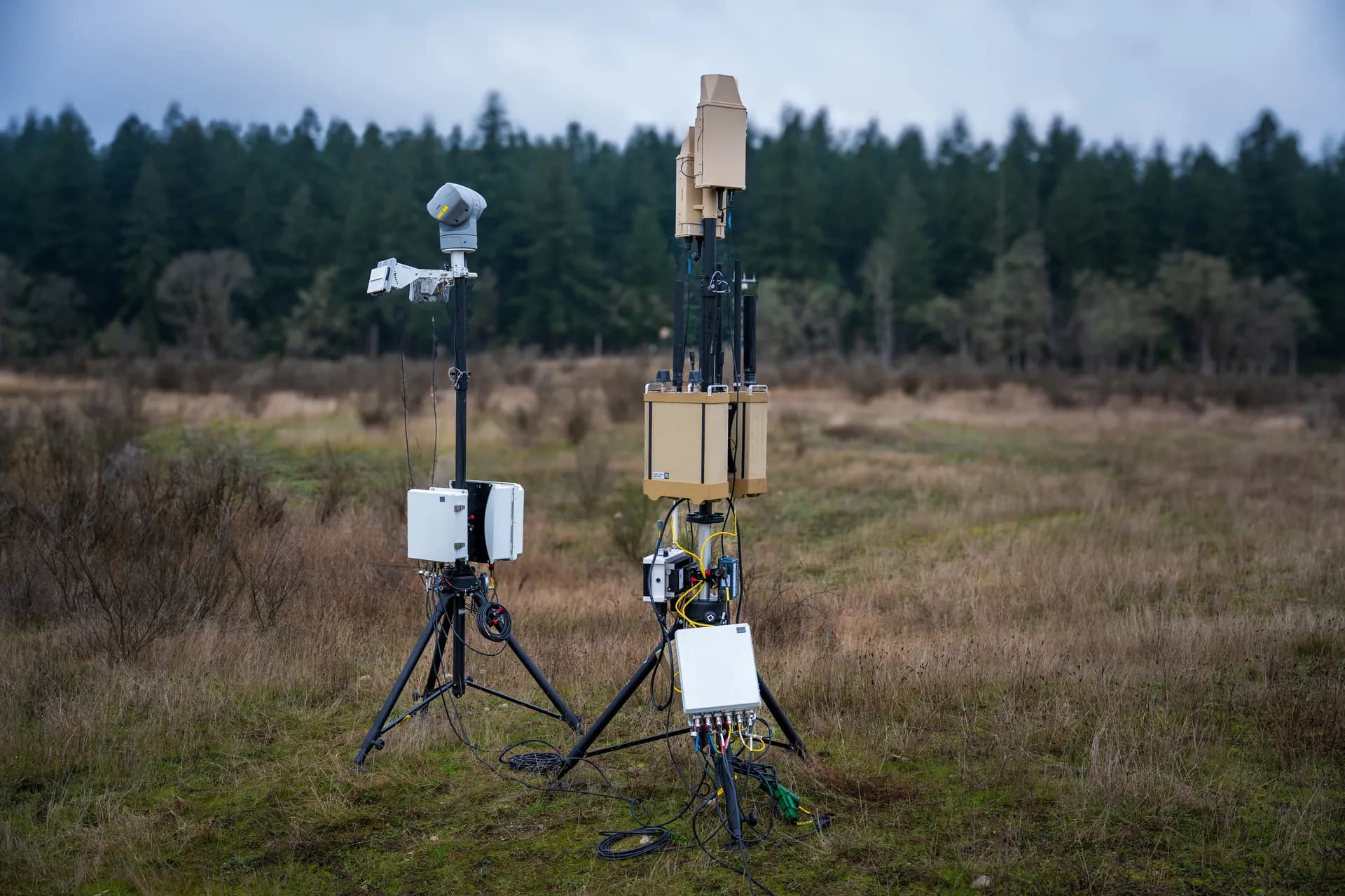 Sensor and radar array on tripods in the field